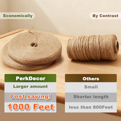 PerkDecor 1000ft Natural Jute Twine Rope Bulk Brown 2mm Craft & Garden Cord