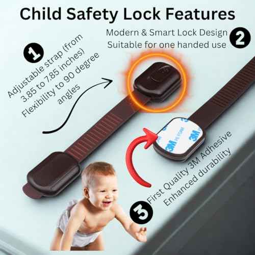 Child Safety Cabinet Locks (6 Pack) ? Adjustable Baby Proofing Strap Latches with Strong 3M Adhesive ? No Drill Childproof Locks for Drawers, Cabinets, Fridge, Door, Closet, Brown