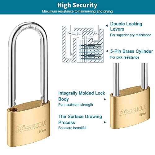 Solid Brass Keyed Padlock, 2 Inch (50mm) Wide Body, 3.2 Inch Long Shackle Outdoor Waterproof Lock with Keys for Shed, Gate, School Gym Locker, Fence, Hasp Storage (2 Pack)