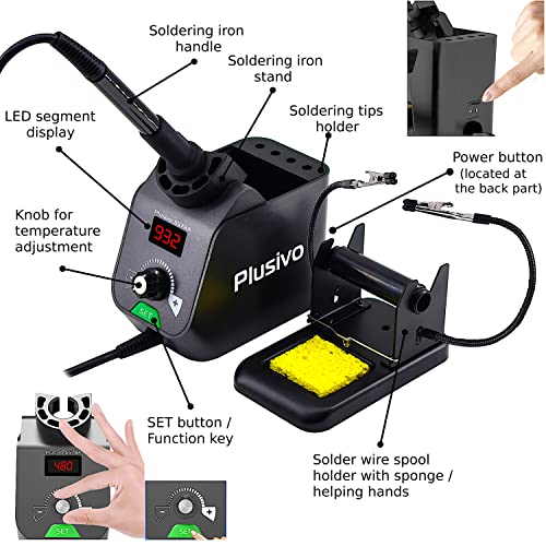 Soldering Iron Station Kit Digital Display Helping Hands 60 W 5 pcs Solder Tips, Solder Wire, Digital Multimeter ¡ÆC/¨¬F Conversion, Standby/Sleep Mode, Calibration Support for Electricians from Plusivo
