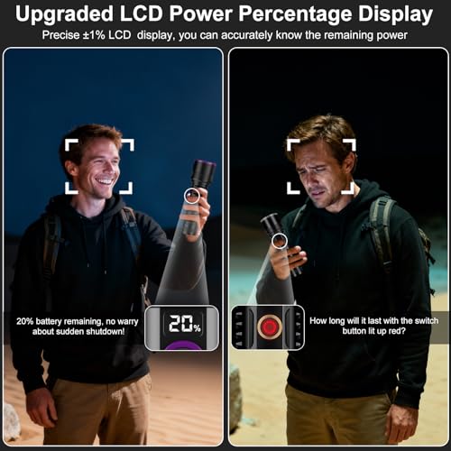 Goreit 365nm Black Light UV Flashlight Rechargeable with Filter Lens & LCD Display - Black
