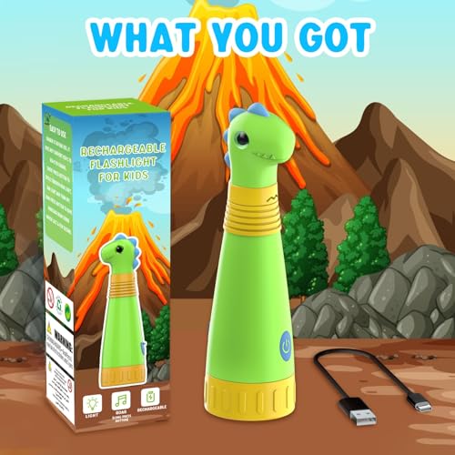 COSOOS Rechargeable Dinosaur Flashlight for Kids, Roar Mode, Kids Flashlight, Outdoor Camping Gear Accessories, Birthday Gift Halloween Lights for Kids Boys Girls