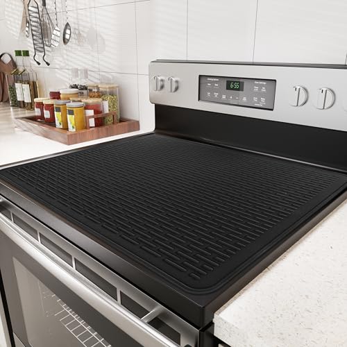 Abalter 28x20 inch Glass Top Stove Cover - Food-Grade Ceramic + Silicone Drying Mat, Black