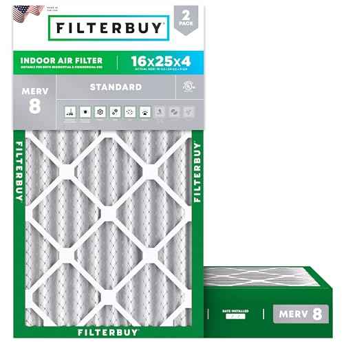 Filterbuy 16x25x4 Air Filter MERV 8 (MPR 700) Dust Defense Replacement (2-Pack), Electrostatic Pleated HVAC AC Furnace Filters, Made in USA (Actual Size: 15.50 x 24.50 x 3.63)