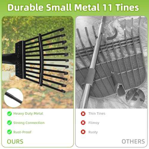 Small Rake for Gardening 63 Inch Adjustable Heavy Duty Garden Leaf Rakes Garden Tools 11 Metal Tines Small Garden Rake for Shrub Flower Bed Mulch Camping, Black