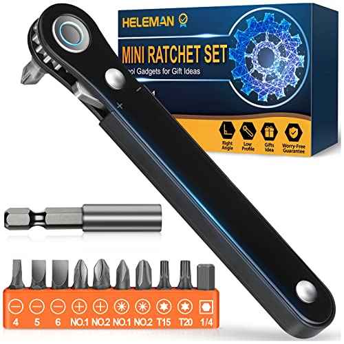 Right Angle Screwdriver Stocking Stuffers - Mini Ratcheting 90 Degree Offset Bit Set EDC Gear Pocket Screwdriver Low Profile Ratchet for Tight Space Sewing Machine Tool Gifts for Men Women