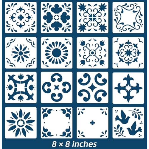 16 Pack Tile Stencil Set (8X8 Inch), Mexican Stencil Pattern, Use As Floor Stencils Or Wall Stencils, Reusable Stencils for Painting Floor Furniture Canvas, DIY Mexican Talavera Home D?cor