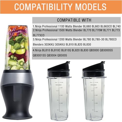 16oz Ninja Blender Replacement Cups with Lids, 2-Pack for QB3000QB3001SS & BL Series