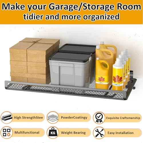 BABKAS 2 Pack Garage Wall Shelving, Metal Garage Wall Shelf with 4 Hooks, Heavy Duty Wall Shelves Mounted for Garage Storage, Laundry Room, Closet and Kitchen | Holds Up to 80 Lbs | 16.5" x 12.2"