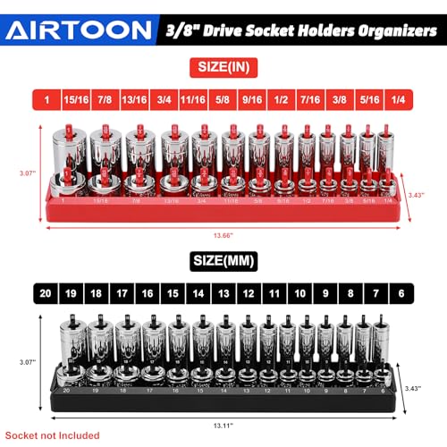 AIRTOON 3/8-Inch Drive Socket Organizer Tray Set – SAE & Metric, 2-Piece, Deep & Standard Holders