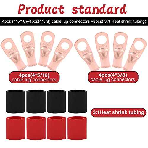 4 AWG Gauge Black Red Battery Power Tinned Copper Flexible Welding Cable Wire Marine Grade Boat Inverter 3 1/4 Feet with 3:1 Heat Shrink Tube and Lugs Terminal Connectors