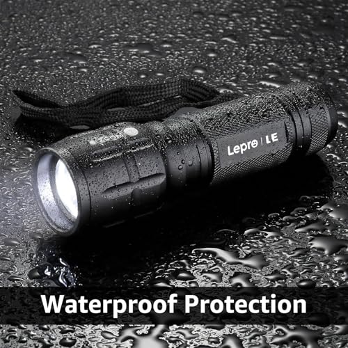 Lepro Black LED Flashlight - Waterproof, High Lumens, Adjustable Focus, Compact Handheld