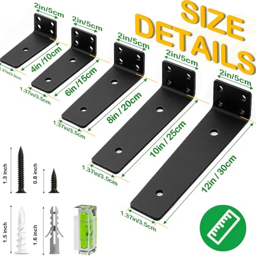 OIVGGUR 6 Inch Black Heavy Duty Floating Shelf Brackets 6-Pack - Wall Support, 160 LBS Capacity