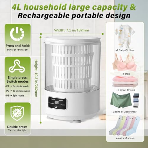 Lqliow 4.0L Portable Mini Washing Machine with Blue Light & Dehydration, Semi-Automatic Small Clothes Washer for Family & Travel
