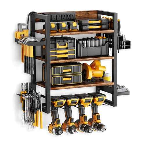 Wooden 4-Tier Power Tool Organizer Wall Mount with 5 Outlet Charging Stations, Garage Tool Organizers and Storage with 4 Drill Holders, Power Tool Storage for Workshop, Basement, Vintage Brown