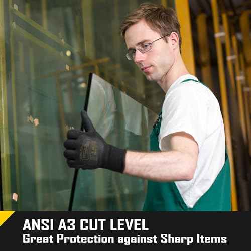 COOLJOB A3 Cut Resistant Fishing Gloves for Men, Touchscreen Safety Work Gloves with Grip Nitrile, Knife Proof Anti-slip Dexterous Rubber Gloves for Glass Handling Wood Carving, Black, Large, 1 Pair