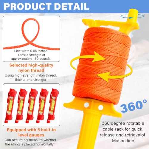 Reloadable Line String with Handle, 18 Braided 540 FT Construction Nylon Line Reel with 5 Built-in Levels for Precision Work, DIY, Surveying and Gardening