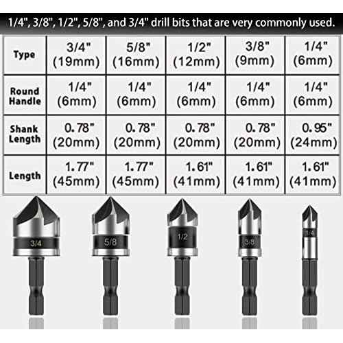 Countersink Drill Bit Set for Metal 5 Pieces - M2 Cobalt Countersunk Bits,5 Flute 82 Degree,1/4" Hex Shank Countersunk Bit Set 1/4'' 3/8'' 1/2'' 5/8'' 3/4'' for Drilling Copper, Aluminum, and Wood.