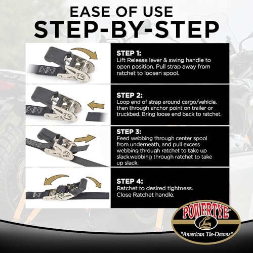 PowerTye 1in x 4ft Black Endless Ratchet Straps - 2-Pack, Easy-Grip Cargo Tie Downs