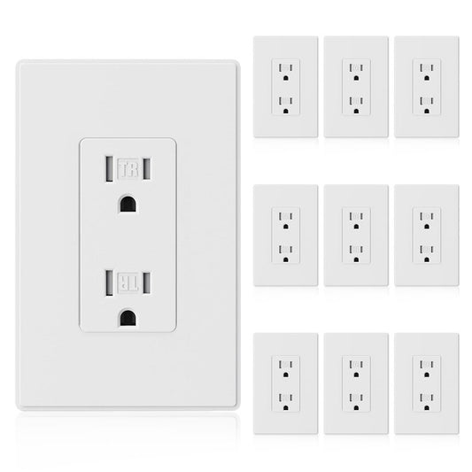 ELEGRP Matte White Decorator Wall Receptacle Outlets, Tamper Resistant 15 Amp Standard Electrical Wall Outlet, Residential Grade, Self-grounding, 125V, Mid Size Wall Plate Included, UL Listed, 10 Pack