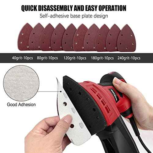 Detail Sander Sandpaper, Assorted 40/80/120/180/240 Grits Mouse Sanding Pads 5 Holes Hook and Loop Sanding Sheets for 140mm Mouse Palm Detail Sanders, 50pcs