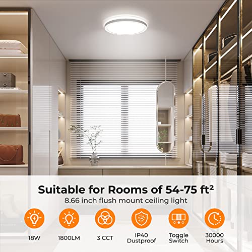 BLNAN White 9-Inch LED Flush Mount Ceiling Light - 18W, 3000K/4000K/5000K, Ultra Thin, Non-Dimmable, Pack of 1