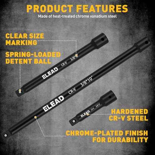 4-Piece 3/8" Drive Socket Extension Bar Set, 3, 6, 10 inch Professional Extension Set, 3/8 Inch Drive Universal Joint Socket, Premium Cr-V Steel Sockets Wrench Extender