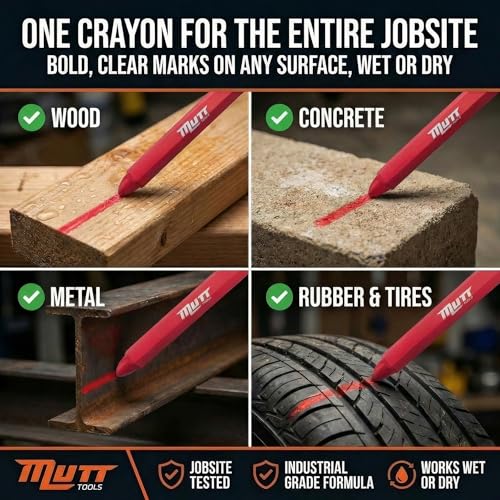 Red Lumber Crayons 12 Pack - Mutt Tools Construction Crayons, Hexagon Grip