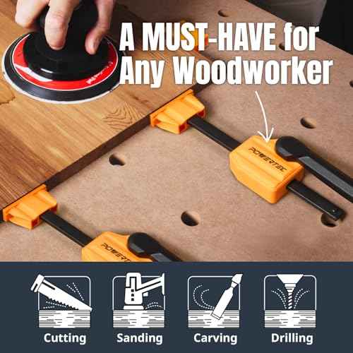 POWERTEC 72240 Bench Dog Clamps w/Bench Dogs for 3/4" Dog Holes | 2PCs Quick Clamp and Release Wood Clamps with 176lbs Clamping Force, 8PCs Durable Bench Dogs with Grommet Bench Brake Inserts