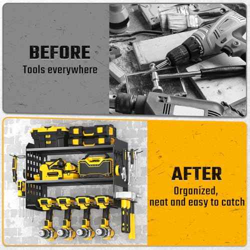 SPACECARE Power Tool Organizer, Drill Holder Wall Mount with 2 Side Pegboards with Hooks, 3 Layer Garage Organization Heavy Duty Tool Organizers Utility Rack for 4 Drill Holders Black