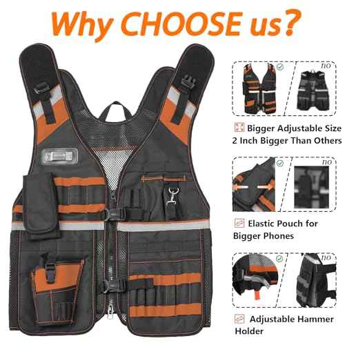 Electrician Tool Vest for Men, Reflective Safety Work Vest with Adjustable Thick Straps, Removable Phone Holder for Electrical, Carpenters, Construction, 22 Pockets