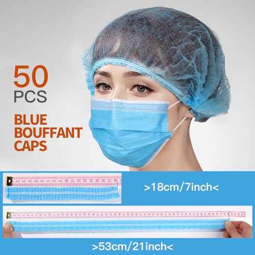 LEOBRO Hair Nets for Food Service Workers, 50PCS Hair Net, Hairnets for Foodservice, Kitchen Hair Nets for Women Men Cooking, Non-woven Bouffant Caps, Disposable Hair Cap Hair Cover, Blue, 21 Inch