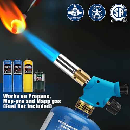 BLUEFIRE propane torch Handy Torch Head Push Button Trigger Start Nozzle Torch Fuel Propane MAPP MAP PRO Gas Cylinder blowtorch is suitable for welding Soldering Brazing Cooking Glass Beads DIY(torch)