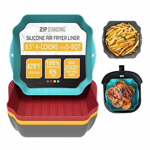 ZIP STANDING 8.5” Silicone Air Fryer Liners Set of 4 for 5-8QT – Reusable, With Handles & Drain Holes