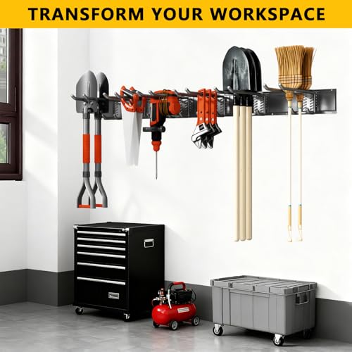 Tebgeag 48-Inch Garage Wall Organizer with 6 Adjustable Double Hooks - Heavy-Duty Tool & Garden Storage System