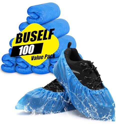 Buself Pack of 100 Disposable Non-Slip Waterproof Shoe Covers for Indoor & Outdoor Use, Fits Up to US 11 Men & 13 Women