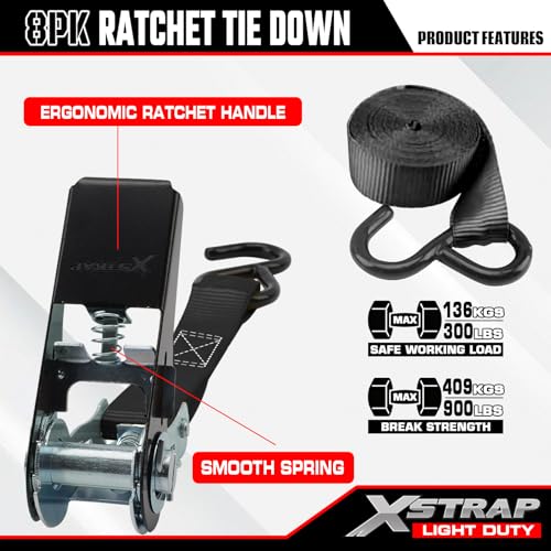 XSTRAP STANDARD 8-Pack 1x10ft Ratchet Tie Down Straps Black - Cargo Securing