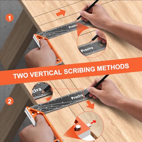 Preciva 12" Right Angle Woodworking Square Ruler with Stainless Steel Blade, Retractable Ledge, 1/16" & 1/32" Notches – Orange 12 in
