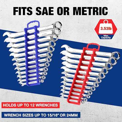WORKPRO 2-Pack Magnetic Wrench Organizer, 12-Piece Gripper Wrench Holder for Stubby or Line Wrenches, Quality Wrench Rack Fits for SAE (1/4¡± to 15/16¡±) and Metric (6mm to 24mm), Flexible Teeth