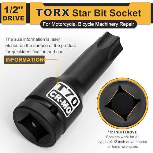 1/2" Drive T70 Torx Bit Socket, Star Bit Socket, CR-MO Steel, Motorcycle, Bicycle Machinery Repair