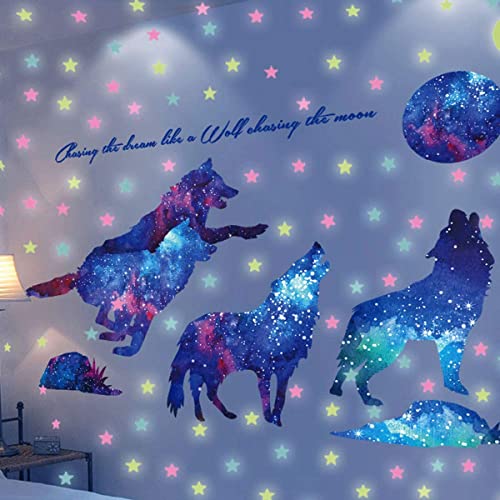 Starry Sky Galaxy Wolf Room Decor Wall Decal and Glow Moon Star Stickers RUIPBOTE Teen Bedroom Wall Decor Murals