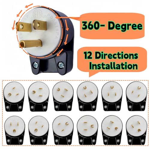 HUALRPLUG 3-Pack NEMA 5-15P 15A 125V AC Male Power Plug, 90° Adjustable 12-Direction