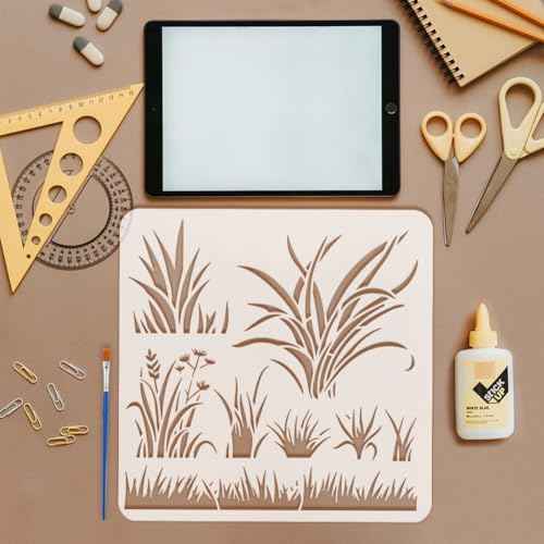 FINGERINSPIRE 4 PCS Grass Painting Stencil with 1 Pc Plastic Paint Brush Reusable 4 Styles Reusable Grass Drawing Template Plants Theme Grasses Pattern Stencil for Painting on Wall Wood Furniture