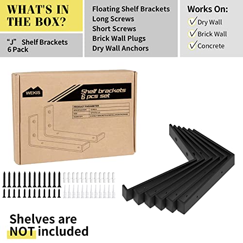 WEKIS 12 Inch Heavy Duty Floating Shelf Brackets - 6 Pack Industrial Black Wall Mounts