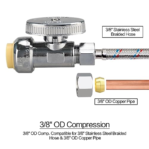 2 Pack Brass Straight Stop Valves 1/2" Push-to-Connect & 3/8" Compression, Reusable, for Plumbing