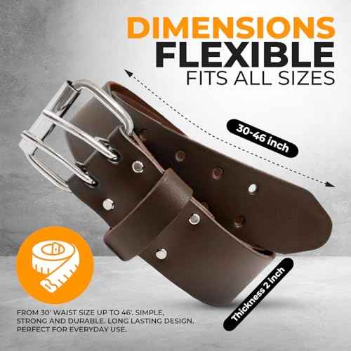 LAUTUS 2" Leather Tool Belt ? Heavy Duty Genuine Top-Grain Leather Work Belt with Double Prong Buckle, Adjustable 30"-46" Waist, Carpenter & Electrician Construction Belt