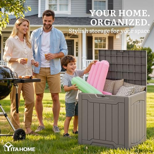 YITAHOME 31 Gallon Deck Box Taupe - Outdoor Storage Box with Bench & Handles