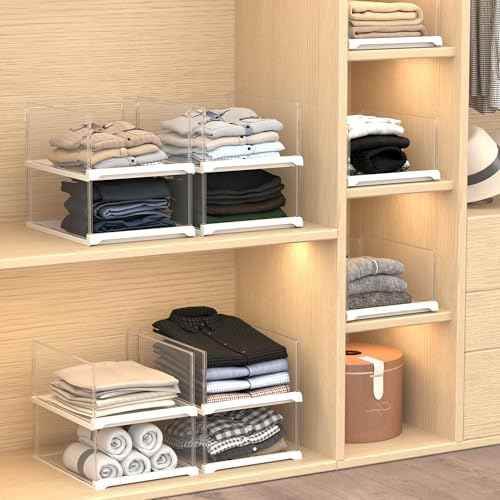 3 Pack Stackable Closet Organizers and Storage Shelves - Transparent Sweater Organizer for Closet, Bathroom, Kitchen, Cupboard, Laundry Room, and Office