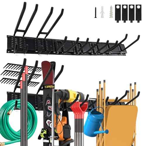 Wall Mount Garden Tool Organizer - 48 Inch Max Load 539lbs, Garage Storage with 7 Heavy Duty Hooks and 4 Cable Ties, Power Tool Organizer Rack