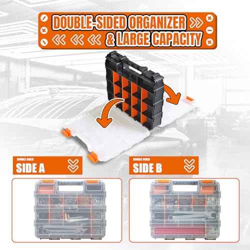 Tool Box with Transparent Lid, Double Side 34-Compartments Organizer Box with Removable Dividers for Hardware, Screws, Bolts, Nails, Beads, Jewelry and Fishing Accessories, Orange, 2 Pack